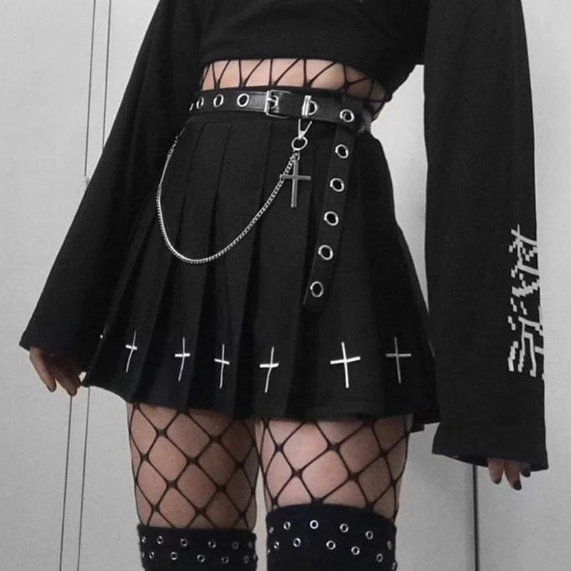 Hot High Waist Mini Black Skirts Streetwear Cross Print Pleated Women Skirt - Image 2
