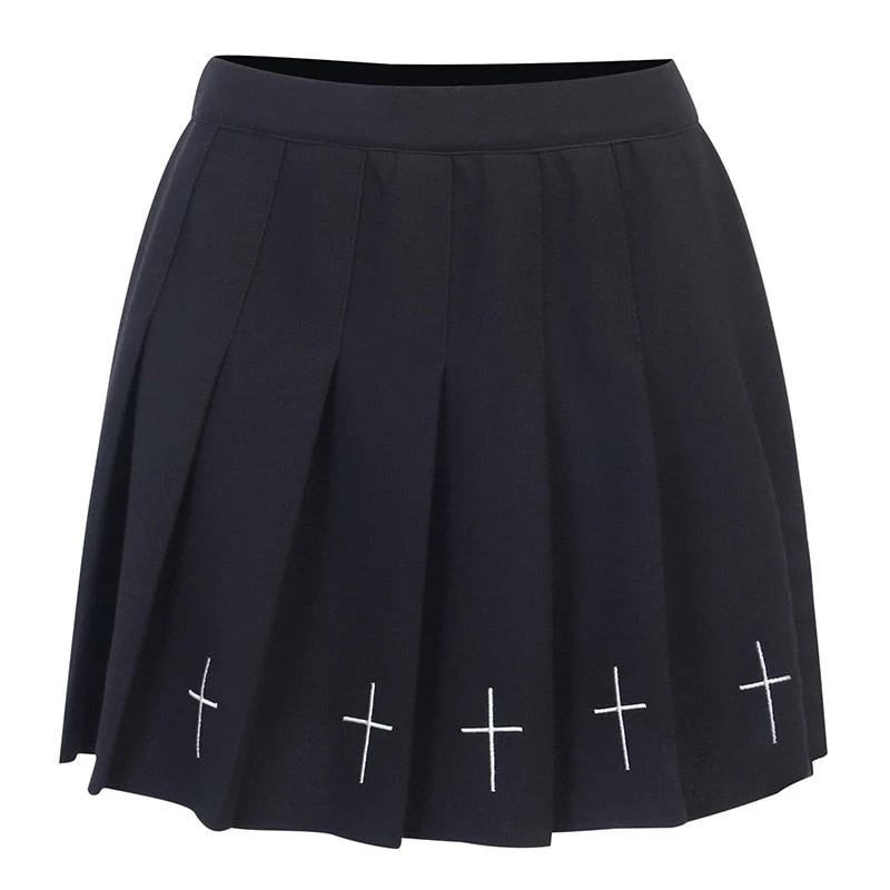 Hot High Waist Mini Black Skirts Streetwear Cross Print Pleated Women Skirt - Image 3