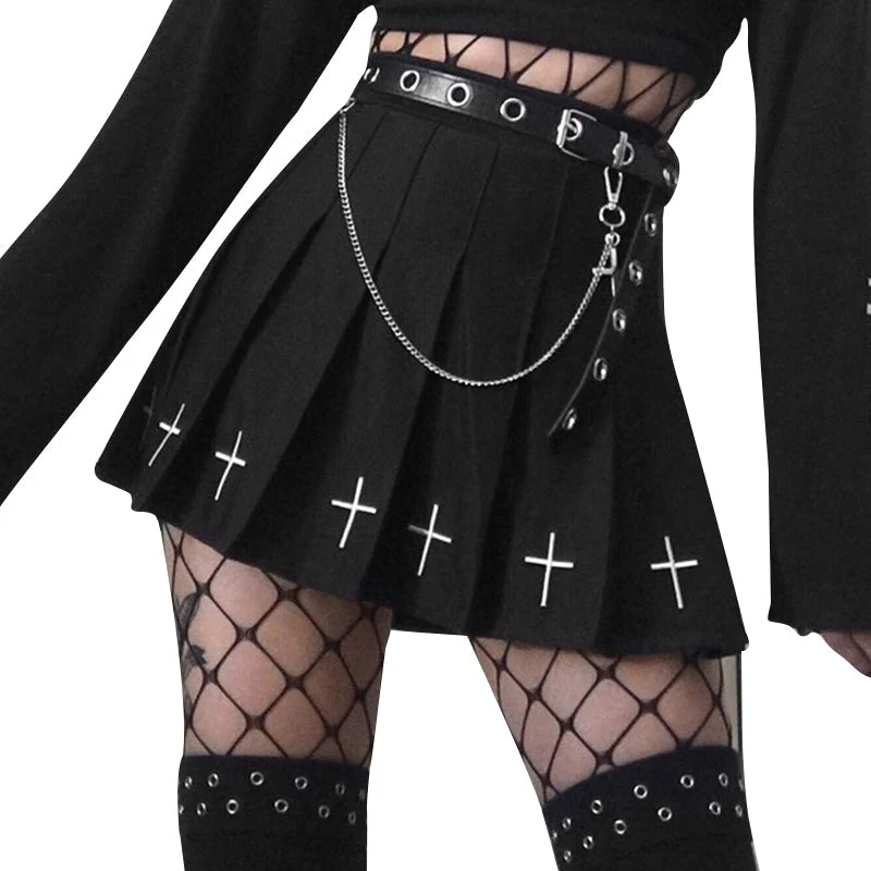 Hot High Waist Mini Black Skirts Streetwear Cross Print Pleated Women Skirt - Image 6
