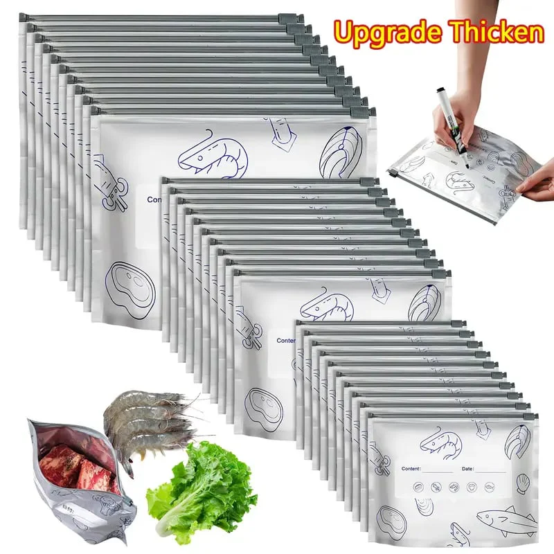 (30pcs )Reusable Aluminum Foil Sealable Storage Bags, 2025 New Resealable Vacuum Zipper Pouches for Food, Stand Up Foil Sealable Bags with Label and Zip Lock for Vegetable Fruit Meat - Image 8
