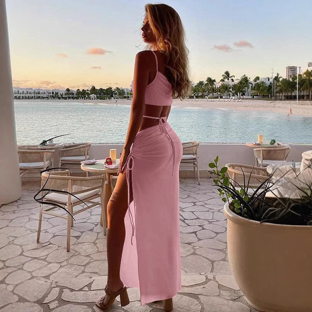 Asymmetrical Neck Spaghetti Strap Sexy Lace-Up Cutout Slit Maxi Dress - Image 9