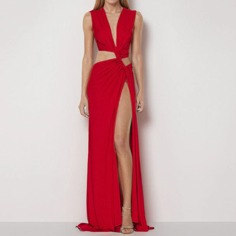 Cut-Out Knot V-Neck Sleeveless Pleated Asymmetrical Slit Dress - Image 3