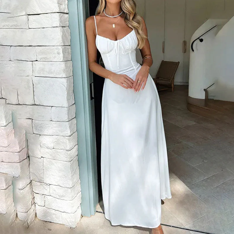 New Elegant Lace-Up Solid Color A-Line Midi Dress - Image 4
