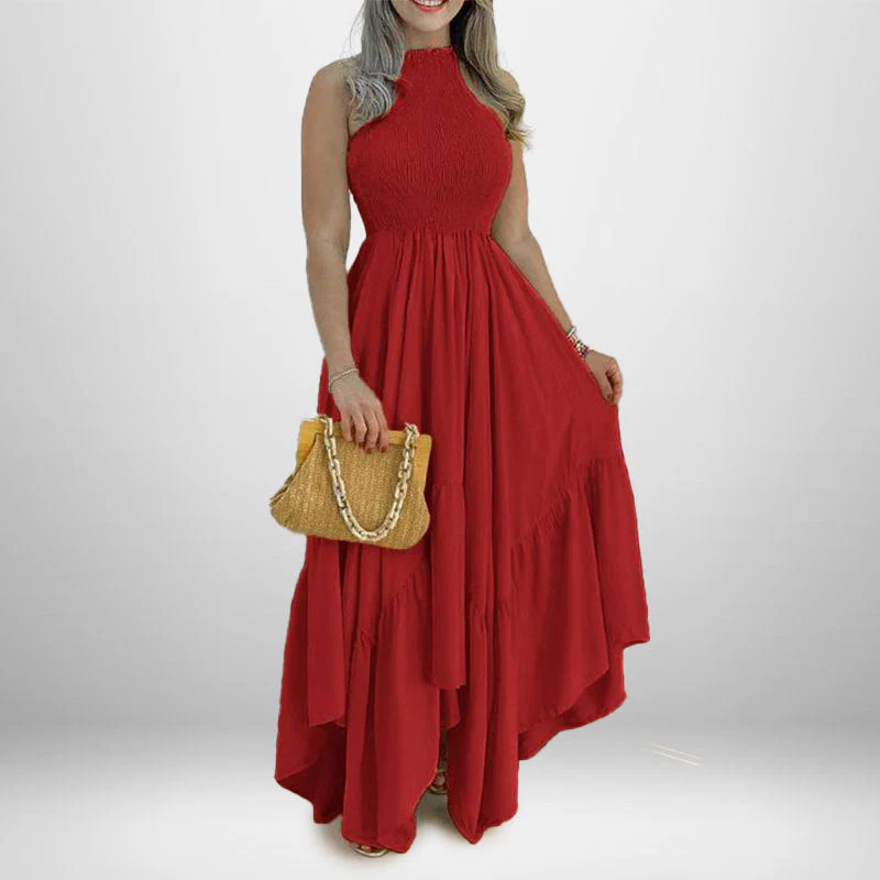 Ruched Sleeveless Solid Color Asymmetrical Flared Dress - Image 2