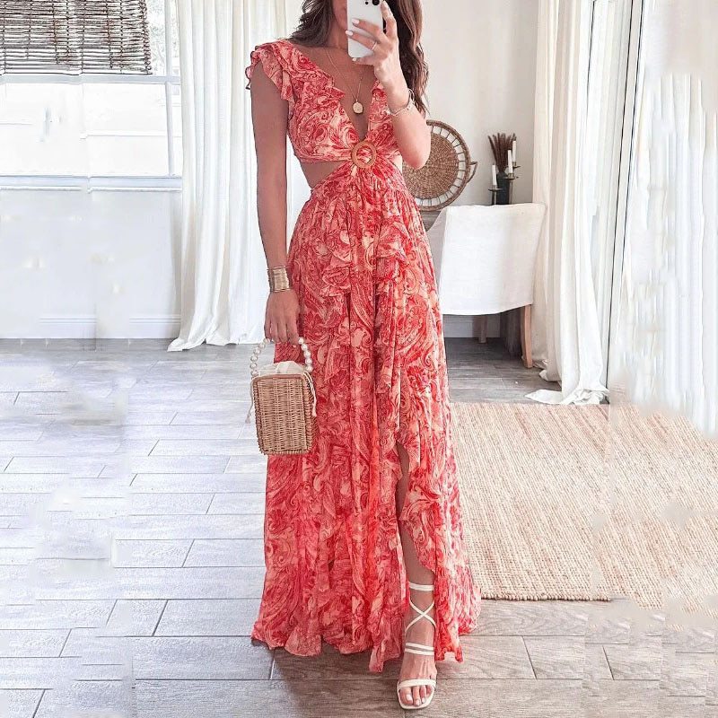 V-Neck Floral Print Cut-Out Slit Dress - Image 6