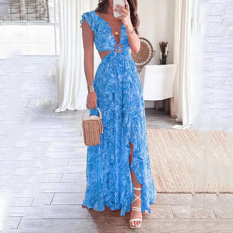 V-Neck Floral Print Cut-Out Slit Dress - Image 7