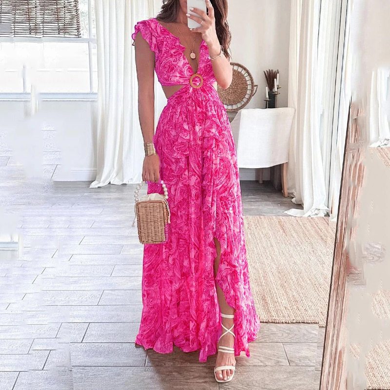 V-Neck Floral Print Cut-Out Slit Dress - Image 8