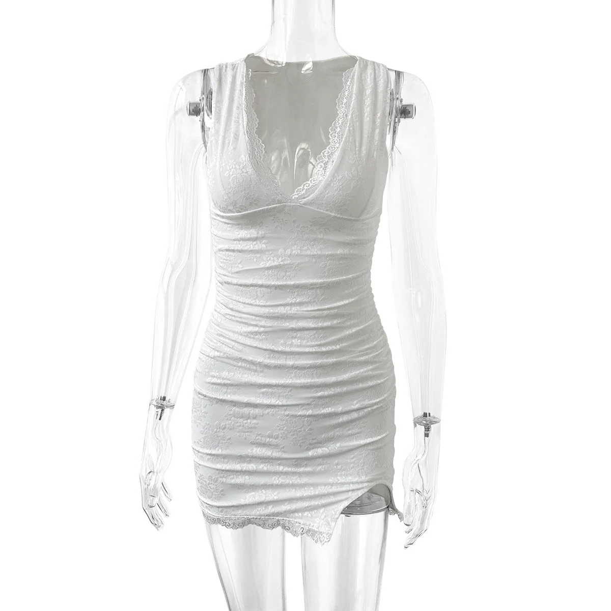 V-Neck Lace Side-Slit Bodycon Mini Dress - Image 5