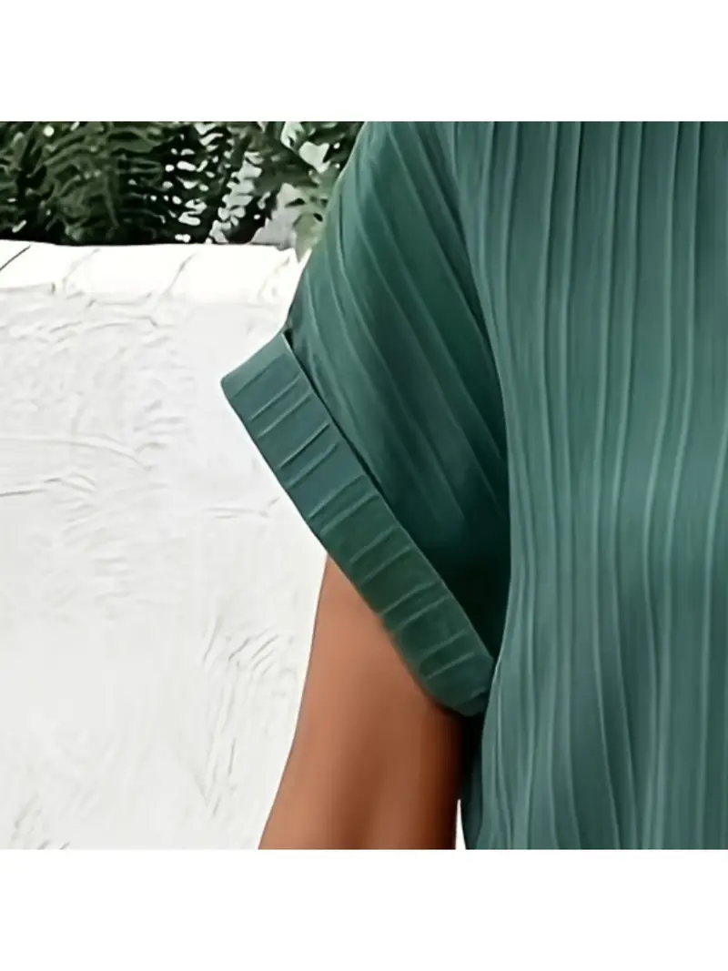 V-Neck Short Sleeve Solid Pullover Button Dress - Image 2