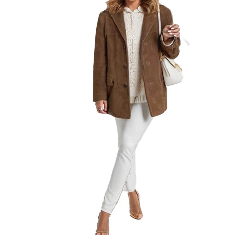 Vintage Style Loose Suede Long-Sleeve Blazer with Pockets for Women - Image 2