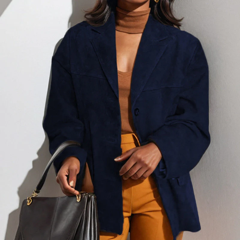 Vintage Style Loose Suede Long-Sleeve Blazer with Pockets for Women - Image 5