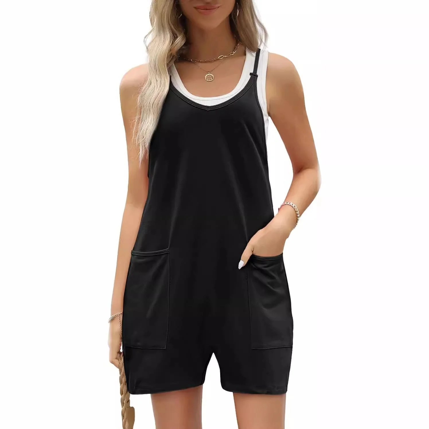 Women's Casual Sleeveless Loose Short Jumpsuit with Thin Straps - Image 22