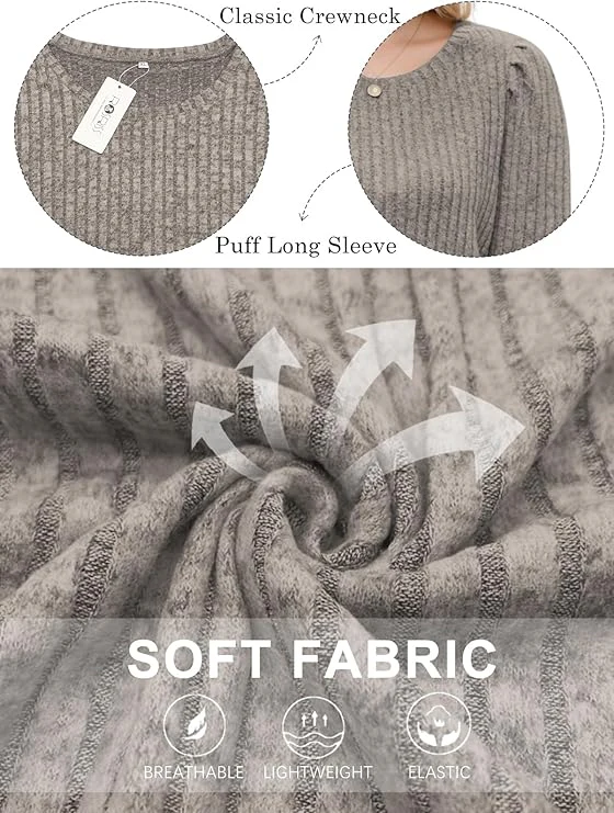 Women's Puff Sleeve Long Sleeve Crew Neck Knit Top - Image 10