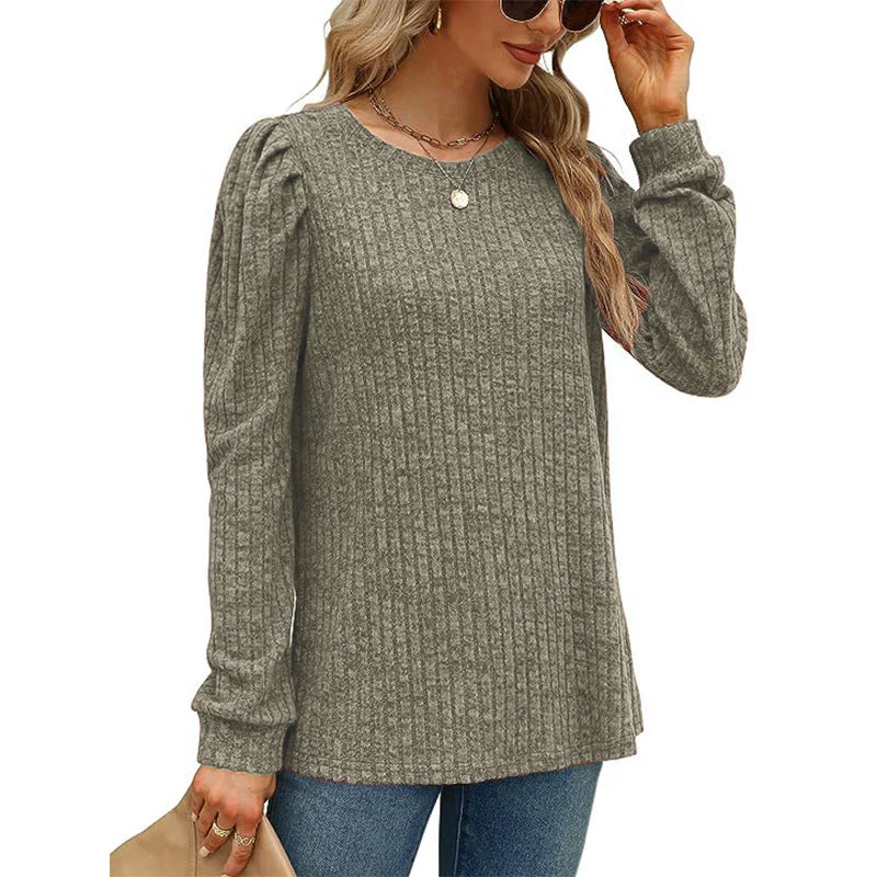 Women's Puff Sleeve Long Sleeve Crew Neck Knit Top - Image 12