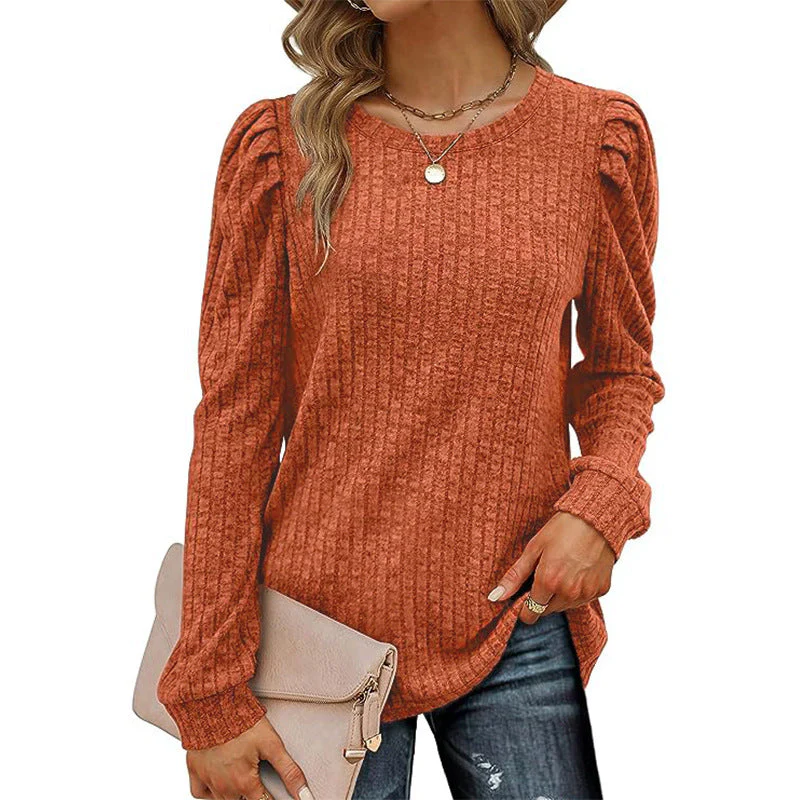 Women's Puff Sleeve Long Sleeve Crew Neck Knit Top - Image 2