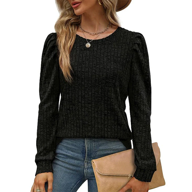 Women's Puff Sleeve Long Sleeve Crew Neck Knit Top - Image 3
