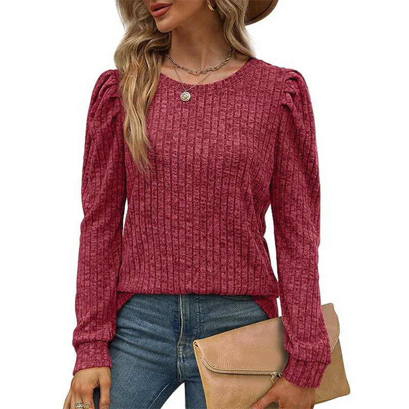 Women's Puff Sleeve Long Sleeve Crew Neck Knit Top - Image 5