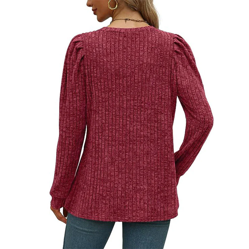 Women's Puff Sleeve Long Sleeve Crew Neck Knit Top - Image 6